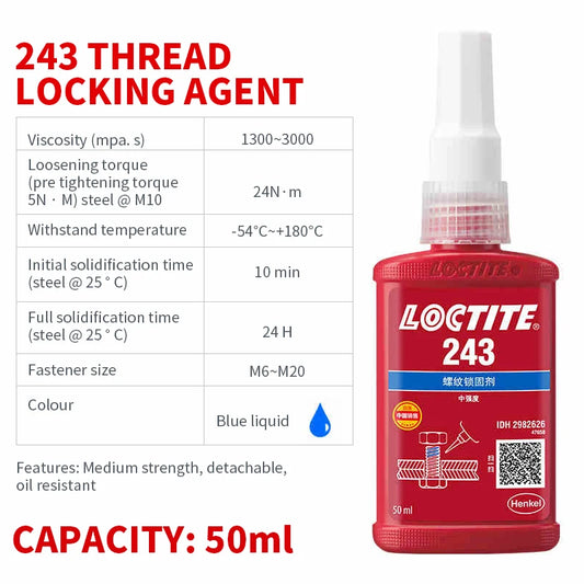 Loctite 243 50ml High Temperature Resistant Medium Strength Detachable Blue Liquid Threadlocker Adhesive Glue