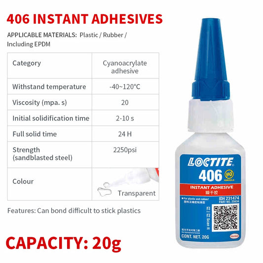 China Supplier Wholesale Universal Type Bonding Plastic Rubber Cyanoacrylate Adhesive 20g Loctite 406 Instant Super Glue